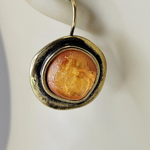 Amber Orange and Gold Tone Earrings - Picture 2 of 11